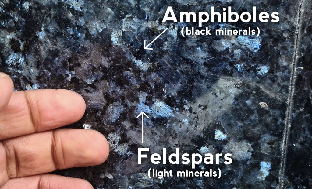 Larvikite from Norway seen up close annotated