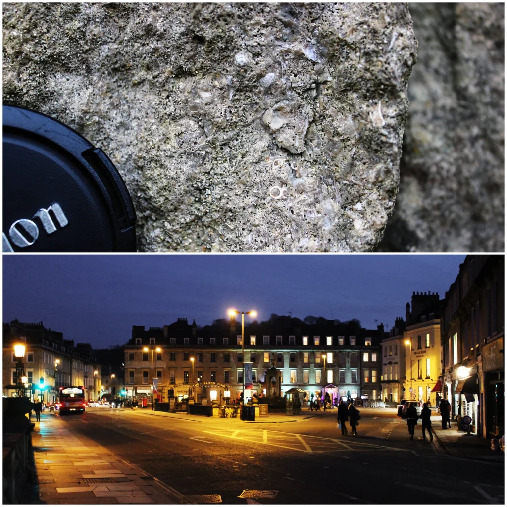 Picture of Bath in Somerset along with Jurassic ooidal limestone.