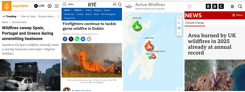 Headlines on wildfires during summer 2025